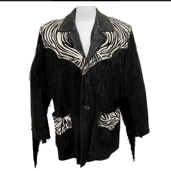 Vintage Baja Trading Company Western Black Suede Leather & Zebra Fringe Jacket